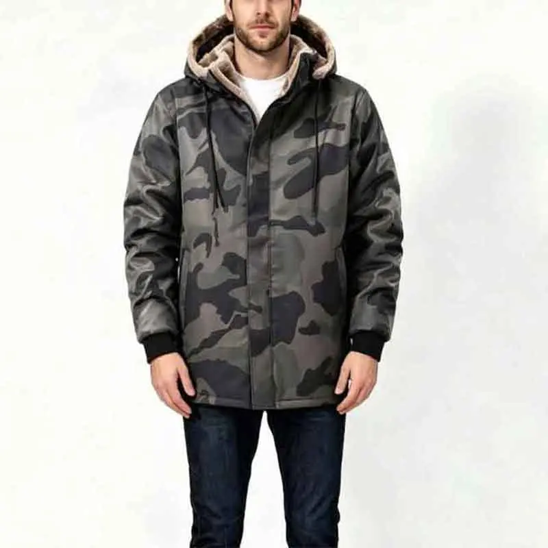 Menswear Down Jacket, Men's Casual Loose Mid-Length Dark Camouflage Hooded Tops with Thick Down Lining, Full Zipper Closure, Windproof Warm Clothes - Ideal for Autumn Winter Streetwear, Outdoor Use, Loose-Fit