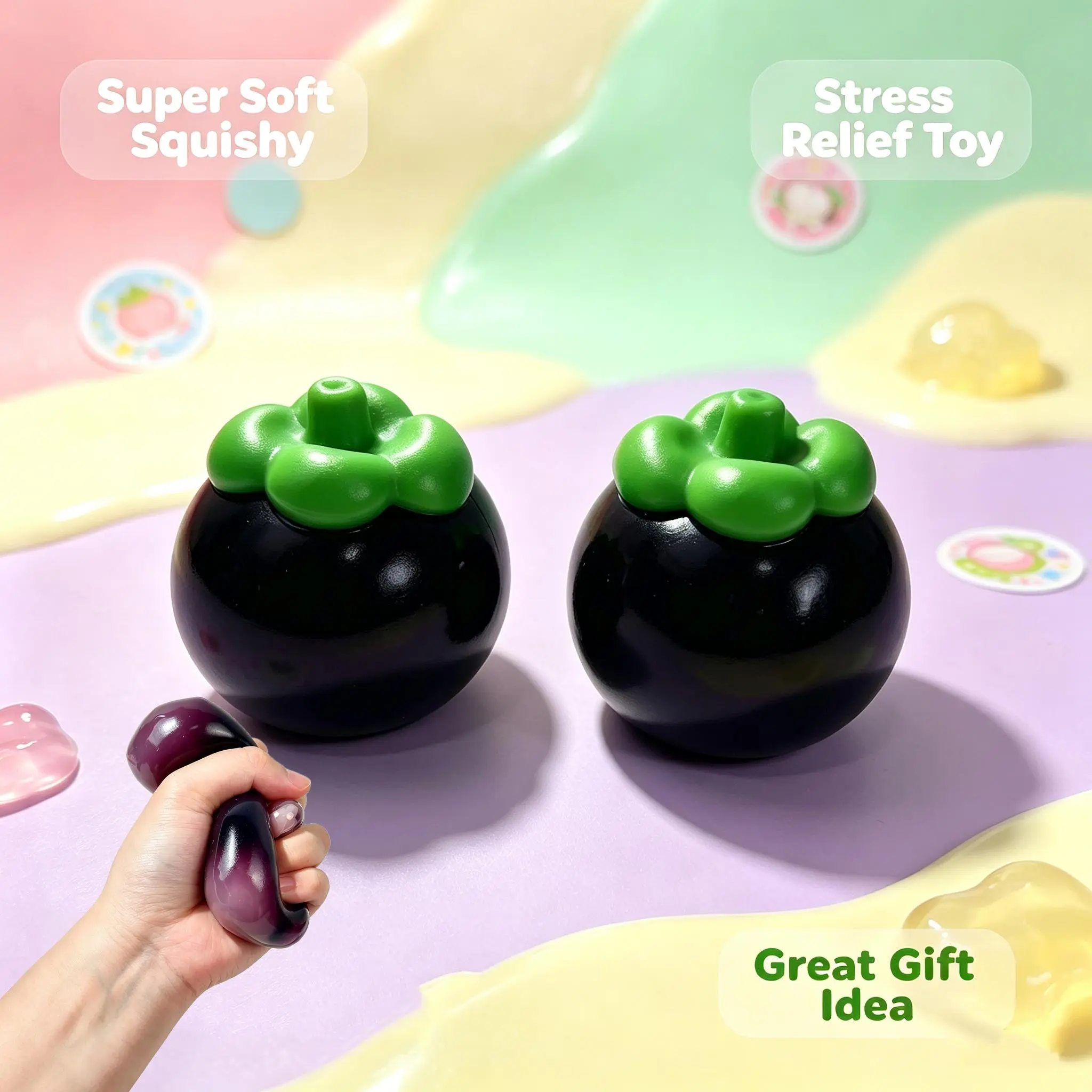 Building Block Filled Mangosteen Squishy Toy Super Soft Realistic Fruit Squeeze Fidget Toy Satisfying ASMR Squish Texture Sensory Hand Gadget Stress Relief Tension Release Cute Desktop Ornament Nice Present Gift Idea