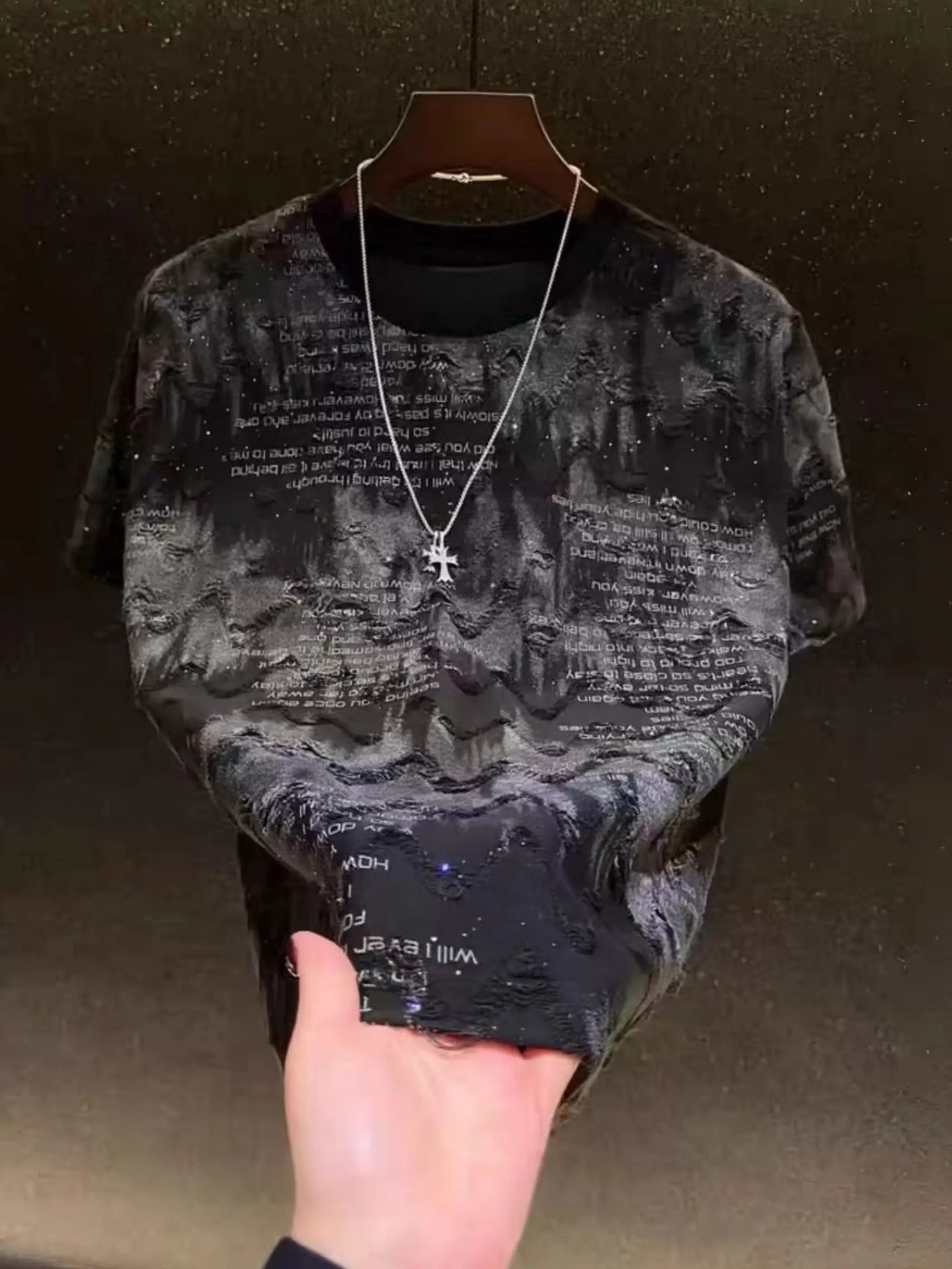 Men’s letter distressed top with sequin embellishments, men’s summer T-shirt, summer casual shiny top, men’s graphic T-shirt, men’s street style, gothic-style T-shirt (no accessories)