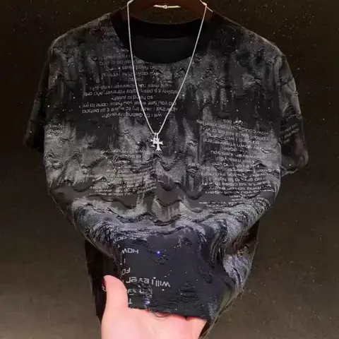 Men’s letter distressed top with sequin embellishments, men’s summer T-shirt, summer casual shiny top, men’s graphic T-shirt, men’s street style, gothic-style T-shirt (no accessories)