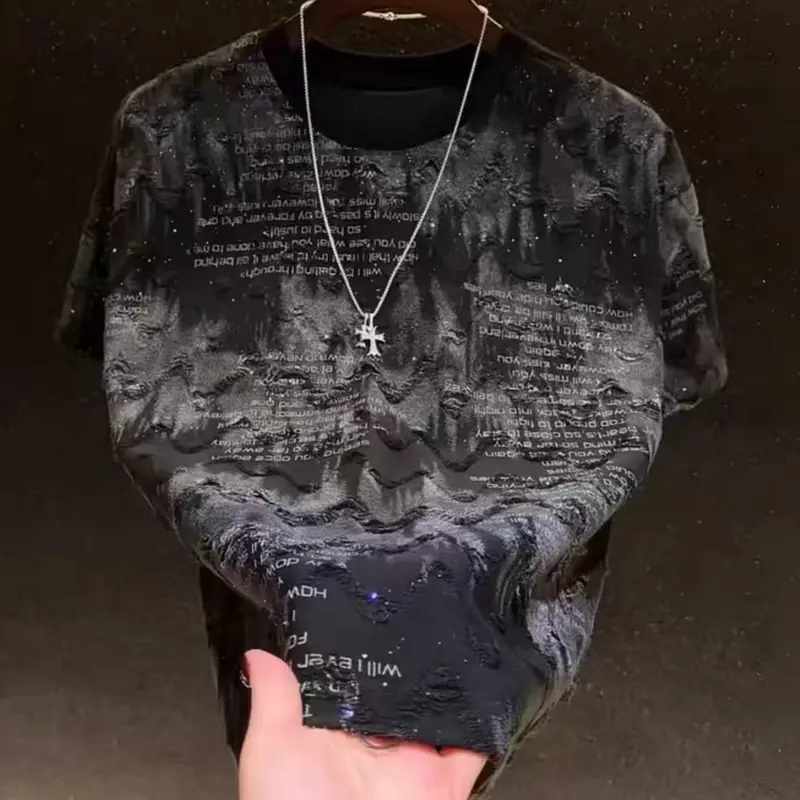 Men’s letter distressed top with sequin embellishments, men’s summer T-shirt, summer casual shiny top, men’s graphic T-shirt, men’s street style, gothic-style T-shirt (no accessories)