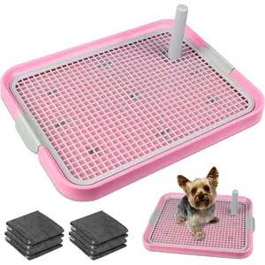 Dog Potty Tray Toilet 20"x14" Doggy Bathroom Dog Litter Box, Indoor Pee Pad Holder with 8pcs Training Pads, Puppy Pee Mesh Potty Training Tray with Secure Latch, Dog Potty Pan for Small Medium Puppies