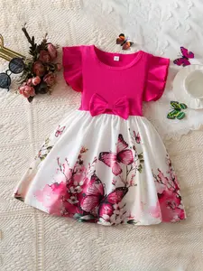 Girl's Butterfly & Floral Print Dress, Cute Casual Butterfly Sleeve Dress for Summer, Kids Clothes for Daily Wear, Floral Printed Dress
