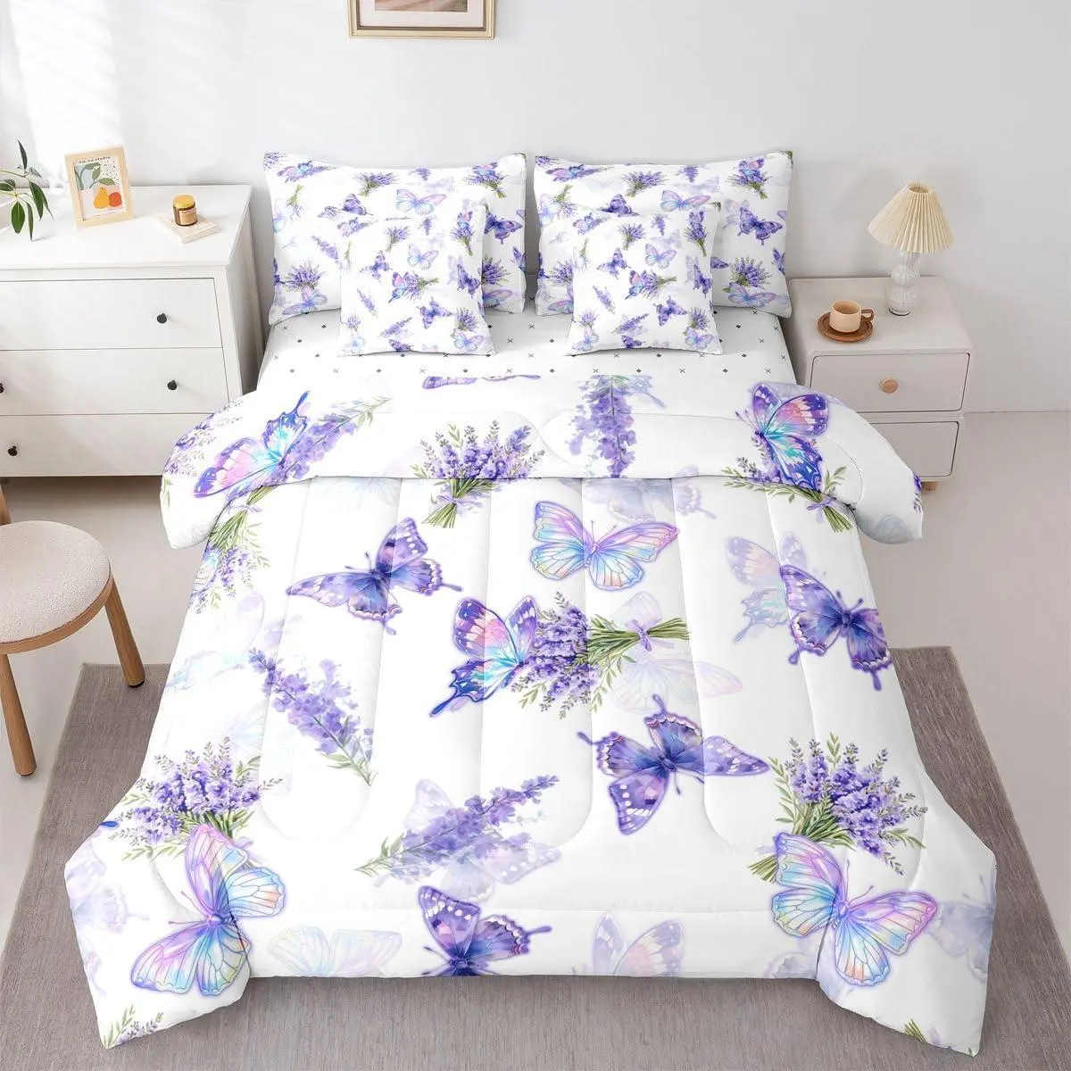 7 Pieces Lavender Butterfly Bedding Set Watercolor Purple Butterfly Comforter Set Adults Lavender Flowers Bed in A Bag Groovy Elegant Florals Bed Sets All Season