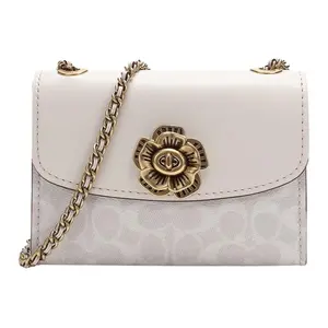 COACH Parker 18 Camellia Chain Crossbody Bag for Women – Small Canvas and Leather Blend in Pink and White