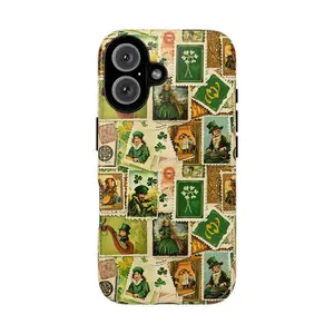Vintage Shamrock Tough Phone Case Shockproof Drop Protection, St. Patrick's Day Irish Clover Cell Phone Cover for iPhone 11 12 13 14 15 16 17 Pro Max Plus