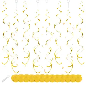 Gold Hanging Swirl Decorations 30 Pcs, Streamers Party Decorations -Twin Tails Ceiling Swirl Foil Decorations, Gold Party Decor for Wedding/Birthday/Christmas/New Year Decoration (Gold, Pack of 30)