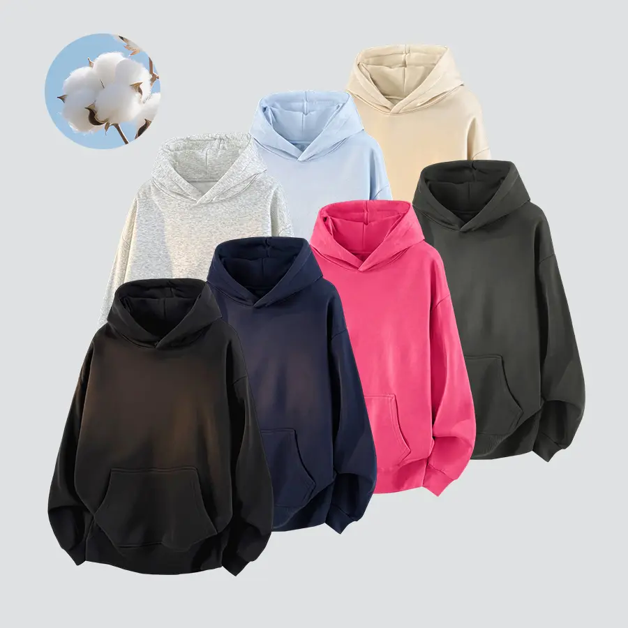 Men’s basic solid-color heavyweight hoodie sweatshirt, cotton blend, skin-friendly lining, elastic kangaroo pocket, drop-shoulder loose fit—ideal for everyday wear and commuting; versatile, durable, and resistant to deformation.