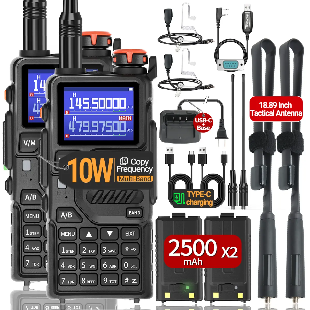 BAOFENG K5 Plus 10W Ham Radio Handheld Long Range Tactical Antenna Walkie Talkie for Adults with 2500mAh USB-C Battery (2Pack)