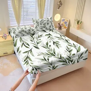 Watercolor green leaf print fitted sheet set, Includes 1 Fitted Sheet & 2 Pillowcases without Filler, Minimalist botanical print bedding, anti-pilling, soft, breathable, lightweight and comfortable, suitable for all seasons, Complete Set