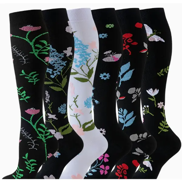 6 Pairs Unisex Compression Socks, Casual Floral Nylon with Soft Breathable Support for Travel, Workout & Swelling Relief