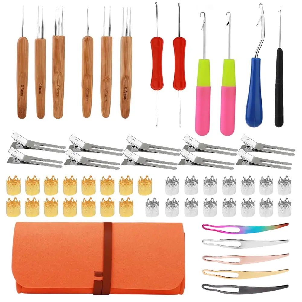 58-Pcs Stainless Steel Hair Braiding Tool Set - 0.75mm Bamboo Grip Crochet Hooks, Interlocking Tools, Clips, Crown Accessories for Unisex Family Use to Extend and Braid Long Hair (Various Sizes Inclusive) for Hairstylists