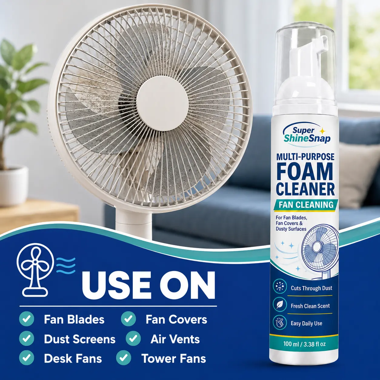 100ml Scented Fan Foam Cleaner, Multi-Purpose Household Cleaner for Blades & Grills, Covers, Dusty Surfaces, Easy to Use