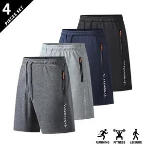 Men’s casual athletic shorts, pack of 4 — zippered pockets and drawstring waist — made from soft polyester-blend fabric that is lightweight and breathable, suitable for summer running, hiking, gym workouts, and beach wear; fitness shorts