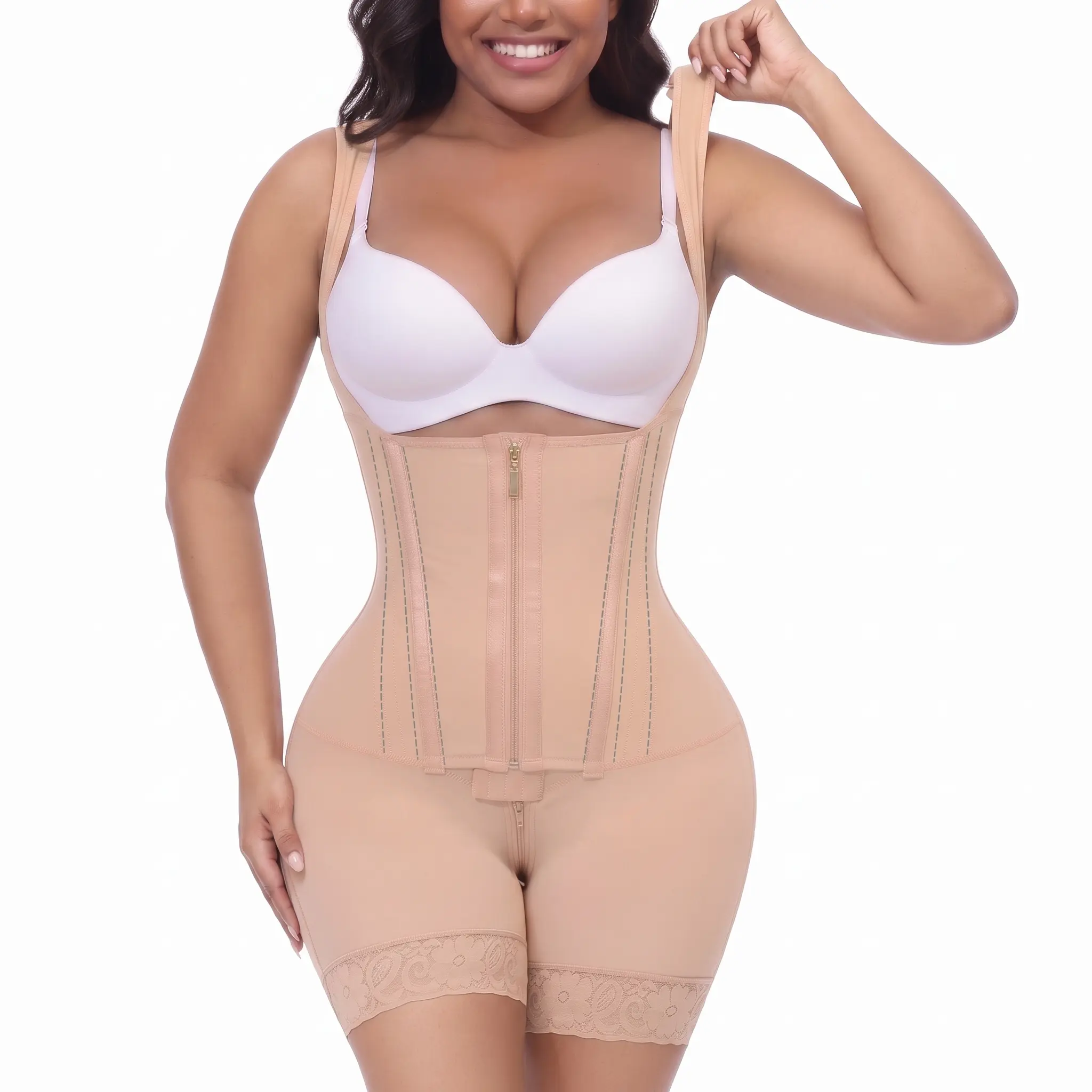 Women's Curvy Body Smart Fit Stretchy Bodysuit - 2-Layer Silky Sculpting Faja, Extra Hip & Butt Stretch, Seamless Compression, Mid-Thigh Design, Tummy Control Shaper, Hourglass Slimming Effect, Basic Minimalist Style