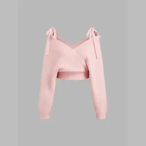 Women's Cider Solid Knit V-Neck Knotted Wrap Oversized Crop Sweater (Sizes 2-10)