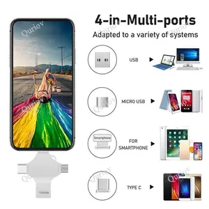 Quriov USB Flash Drive, 4-in-1 OTG Memory Stick, Plug and Play External Storage Compatible with iPhone iPad Android Phones PC, Phone Accessories Portable