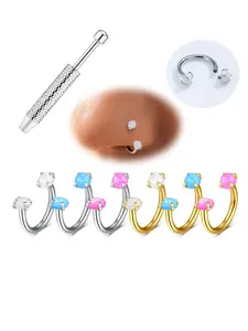 18G Opal Horseshoe Nose Ring with Grabber Tool, Internally Threaded Gems Nose Ring - Body Piercing Jewelry