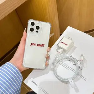 6 Piece Set Transparent Creative Text Phone Case, Charger Head Cover, Cable Protector, Storage Rope, Data Line Protection, iPhone 6-17 Pro Max Accessories