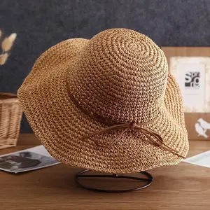 SAMT Korean Foldable Bow Straw Sun Hat - Hollow Breathable Seaside Vacation Summer Beach Sun Hat for Women