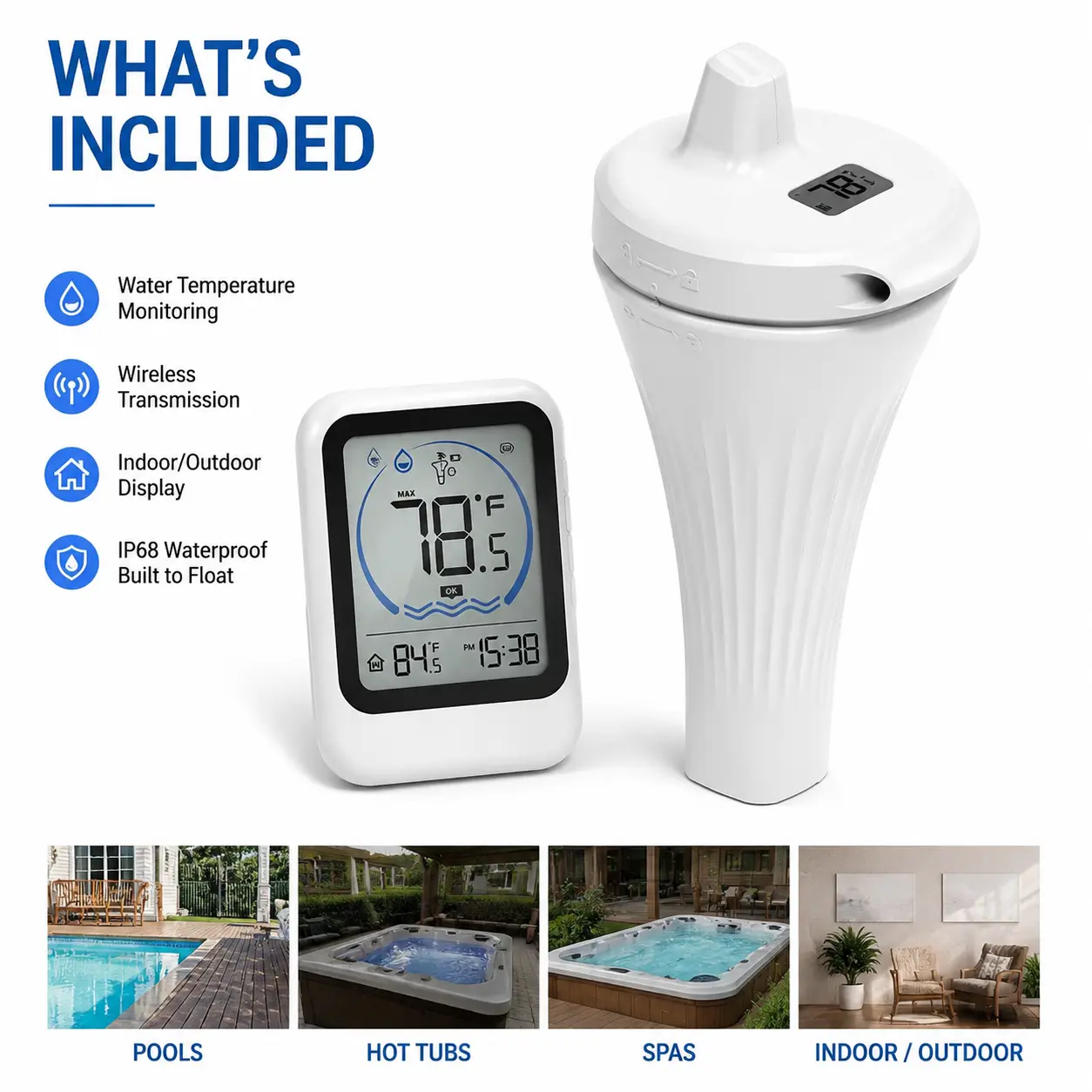 Wireless Pool Thermometer Pool Accessory - Floating IP68 Waterproof Sensor, Indoor Temperature Display for Hot Tubs & Spas, Swimming Pool Accessories