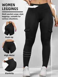 Women's Casual High Waist Skinny Pants, All Season Activewear, Multi-Pocket Portable, Plain Color, Suitable for Cycling and Outdoor Activities, Side Pocket Leggings
