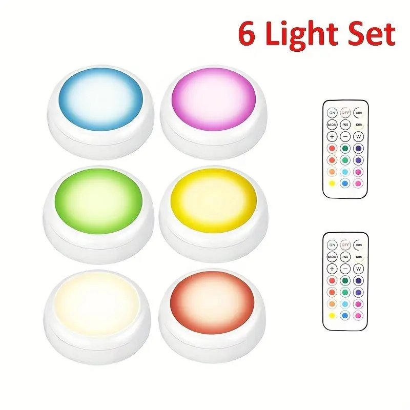 RGBW LED Cabinet Lights (6-Piece), Battery Operated Indoor Ambiance Lighting with Remote Control, 16-Color Adjustable for Bedroom, Living Room