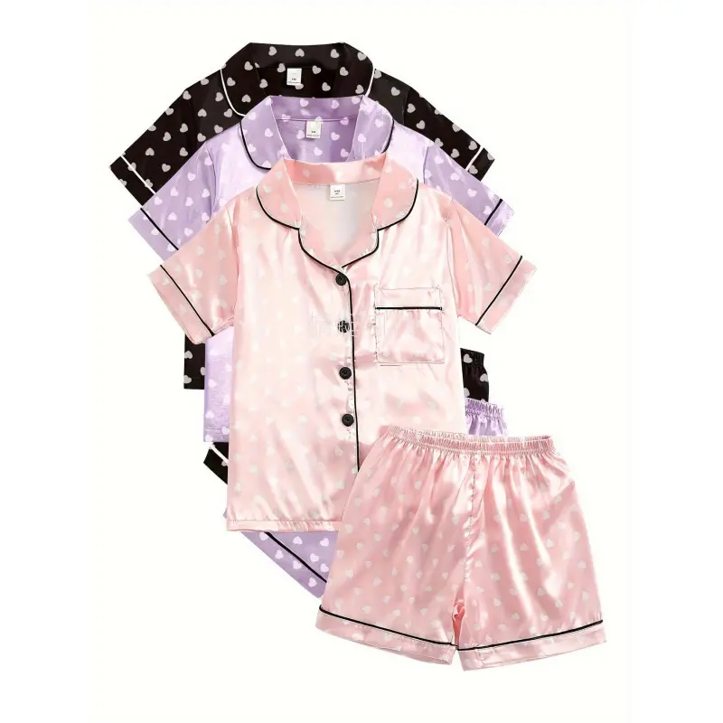 Girls' 2-Piece Casual Heart Print Polyester Pajama Set - Short Sleeve Lapel Collar Button Top, Loose Fit for 8-12 Years Old