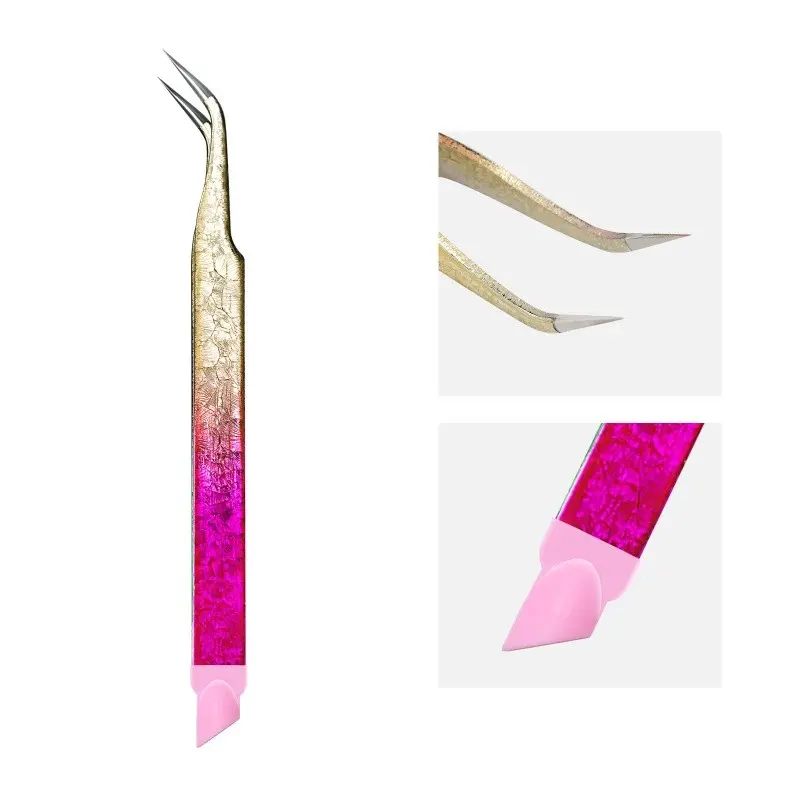 Multifunctional Nail Tweezers Stainless Steel Ice Pattern Eyelash Precision Tweezers with Silicone Pressing Stick Stainless Steel Durable Silicone Tip Non Slip Gentle on Nails Great Helper for Precise Nail and Lash Work