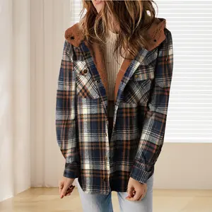 Women's Plaid Jacket Hooded Coat Flannel Hoodies Casual Mufti Clothes Autumn Winter New Style Retro Loose Shirt Wadded Jacket Sweater Knitwear Long Sleeves Soft Vintage Fitted