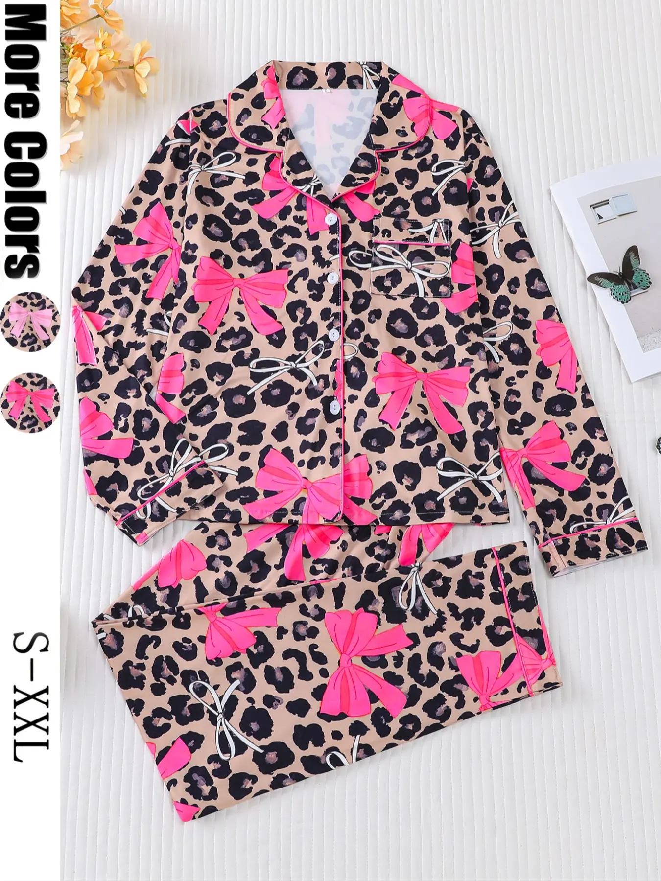 Women's 2-Piece Pajama Set, Bowknot Print, Holiday Party Sleepwear, Casual Sleepwear Loungewear, Soft Shirt Collar Top & Elastic Pants, Casual Home Wear, Matching Pyjamas