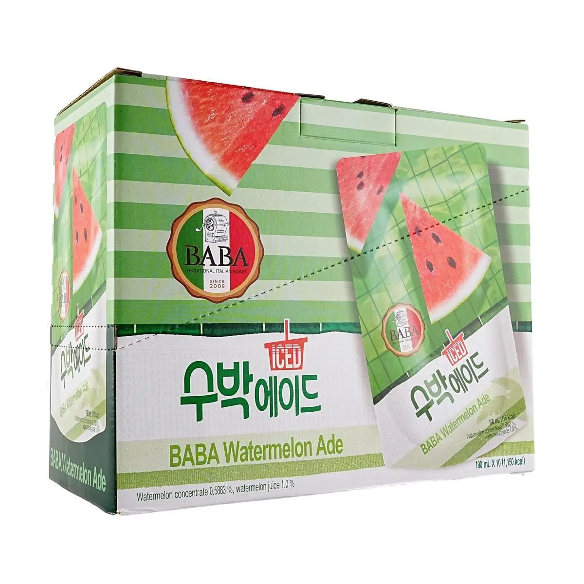 WOONGJIN BABA Korean Watermelon Juice 190ml x 10 Packs - Zero Fat Low Calorie Refreshing Drink