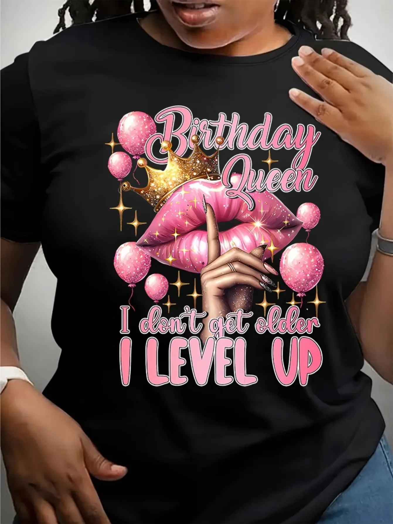 Birthday Queen Graphic T-Shirt for Women, Sparkly & Shiny Aesthetic Shortsleeve Tee in 100% Heavyweight Cotton for Parties, Golden, Tshirt, Printed, Skirts, Solid, Comfortable, Girly, Round Neck, Soft, Statement, Tops, Crew Neck