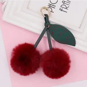 Cherry Bag Charm with Red Fuzzy Balls and Green Leaf Design Accessory
