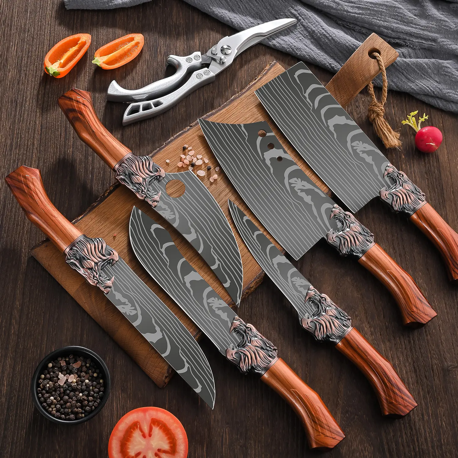 Hand forged kitchen knife set; Meat cutting knife; Multi-functional boning knife; Chicken bone scissors; Forged knife