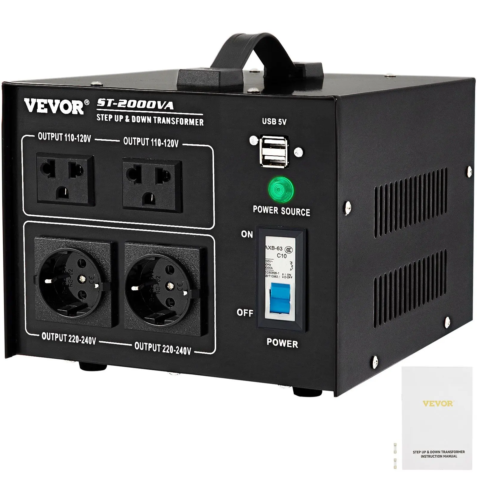 VEVOR 2000W Heavy Duty Voltage Converter Transformer - 1600W Capacity, Step Up/Down 110-120V to 220-240V & Vice Versa, 4 AC Outlets (2 US,1 UK,1 Universal), 5V USB Port, Circuit Break Protection, CE Certified for Traveling