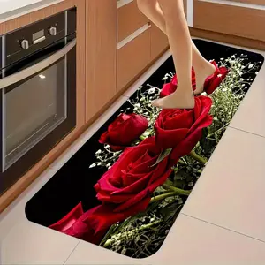 Red Rose Kitchen Floor Mat, Durable and Wear-Resistant Polyester Fiber Mat with Vibrant Floral Design for Kitchen, Living Room, Porch, Balcony, and Home Decor, Kitchen Floor Mat