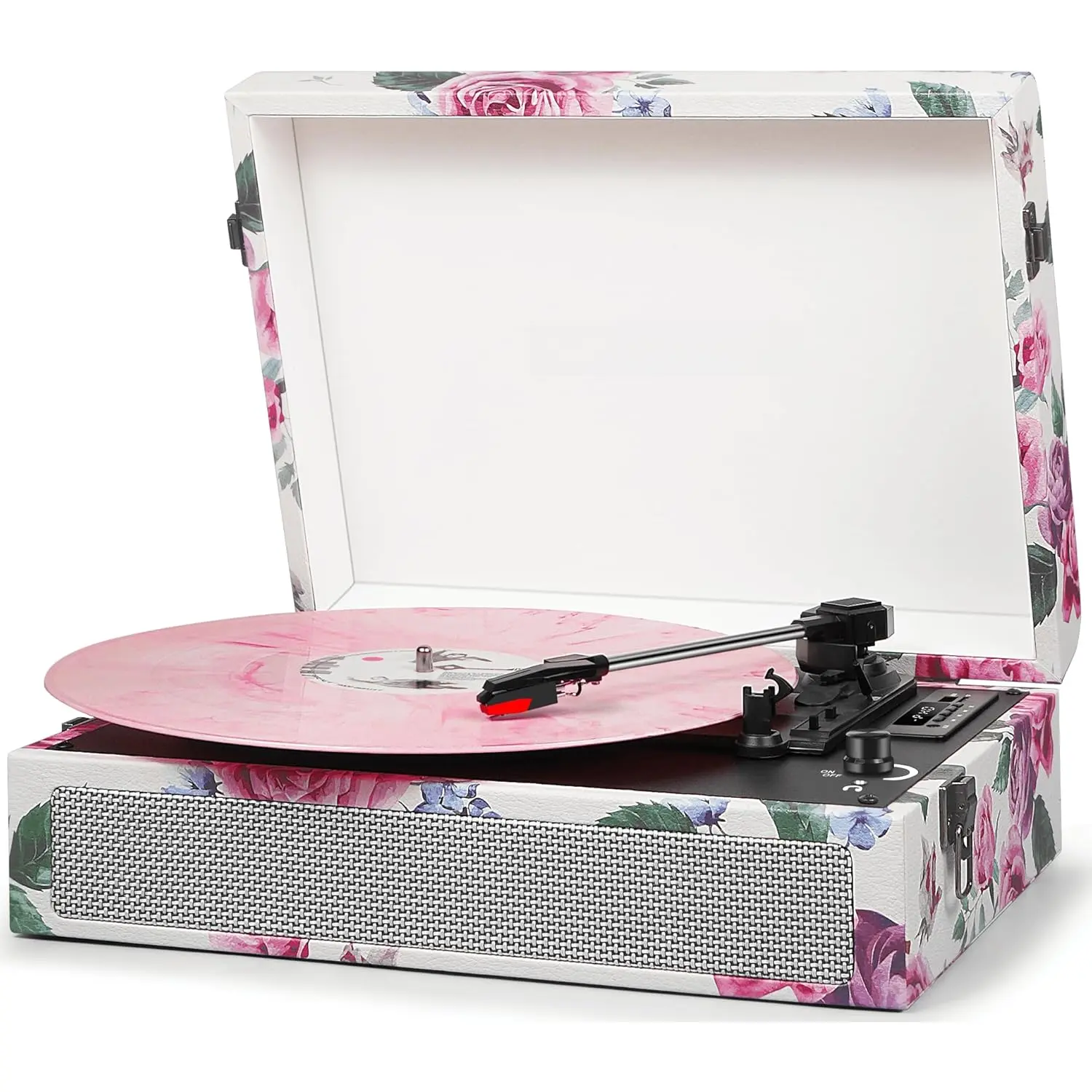 Vintage 3-Speed Record Player with Built-in Speakers, Retro LP Vinyl Player Portable Turntable with USB Recording,  Playback, RCA/AUX/Headphone Jack, Rose Floral