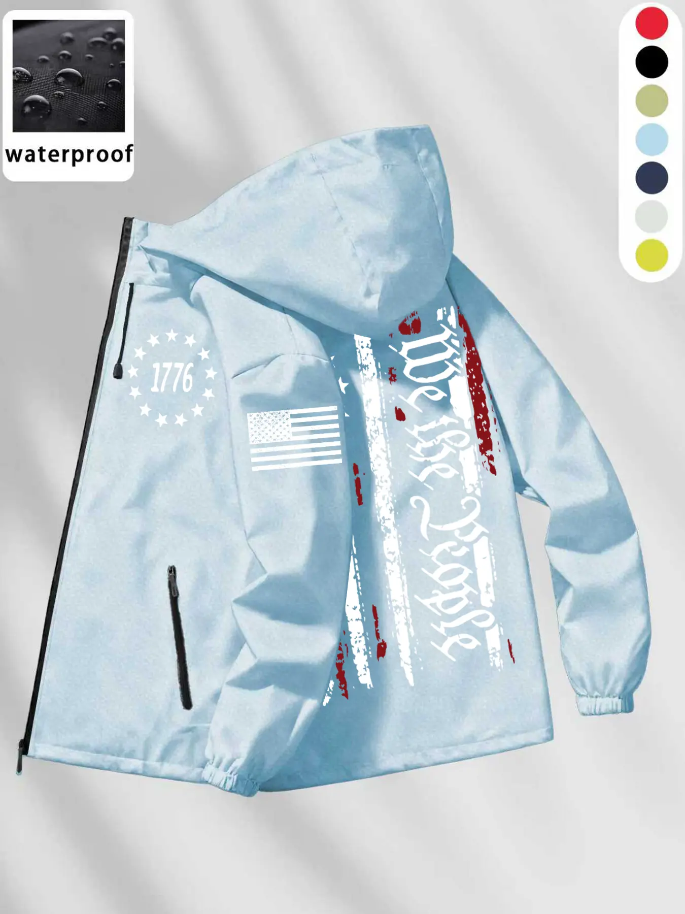 Tactical Waterproof Windproof Jacket for Men | "We the People" & 1776 Emblem Hooded Windbreaker | Premium US Flag Patch Lightweight Outdoor Coat for Camping, Fishing & Tactical Training Waterproof Outdoor Wear Outdoor Outerwears