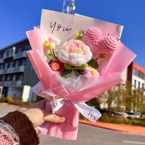 Handmade Bouquet with Roses, Puff Flowers, Heart, Perfect Gift for Valentine's Day, Mother's Day, Birthday, Graduation Season, Crochet Handmade Bouquet