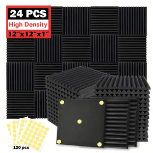24-piece wedge soundproofing cotton set, with 120 pcs double-sided glue for easy installation, size 1" x 12" x 12", effectively isolating noise, suitable for all rooms and recording studios.