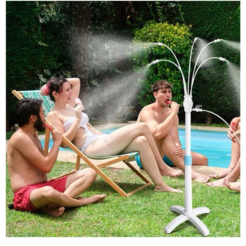 Misters for Outside Patio, Standing Misting Cooling System, Portable Water Mist Hose Kit for Outdoor, Adjustable Height & 5 Spray Nozzles for Backyard BBQ Cool Pool Tanning Garden Kids Having Fun.