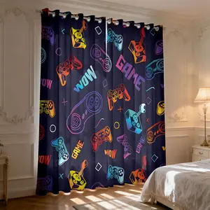 Game Fun: Game controller printed filter curtains, eyelet design room divider semi-transparent sunshade curtains, Window Curtain, suitable for kitchen, living room, and bedroom 2-panel