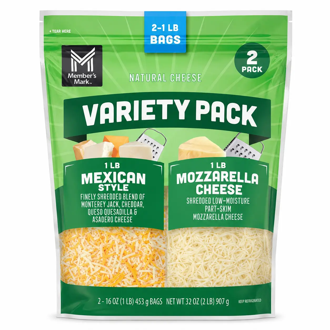 Member's Mark Shredded Cheese Variety Pack, Mexican Style & Mozzarella Cheese, 2 x 16 oz. Bags (32 oz. Total)