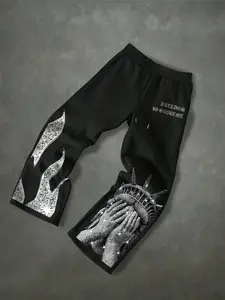 Trendy High Street Luxury Flame Sweatpants, Main Color with Rhinestone Details, Loose Fit Casual Bottoms, Comfortable Fabric, Casual Street Style