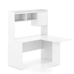 COSTWAY - L-Shaped Desk Corner Computer Desk with Open Storage Hutch and Cabinet-White