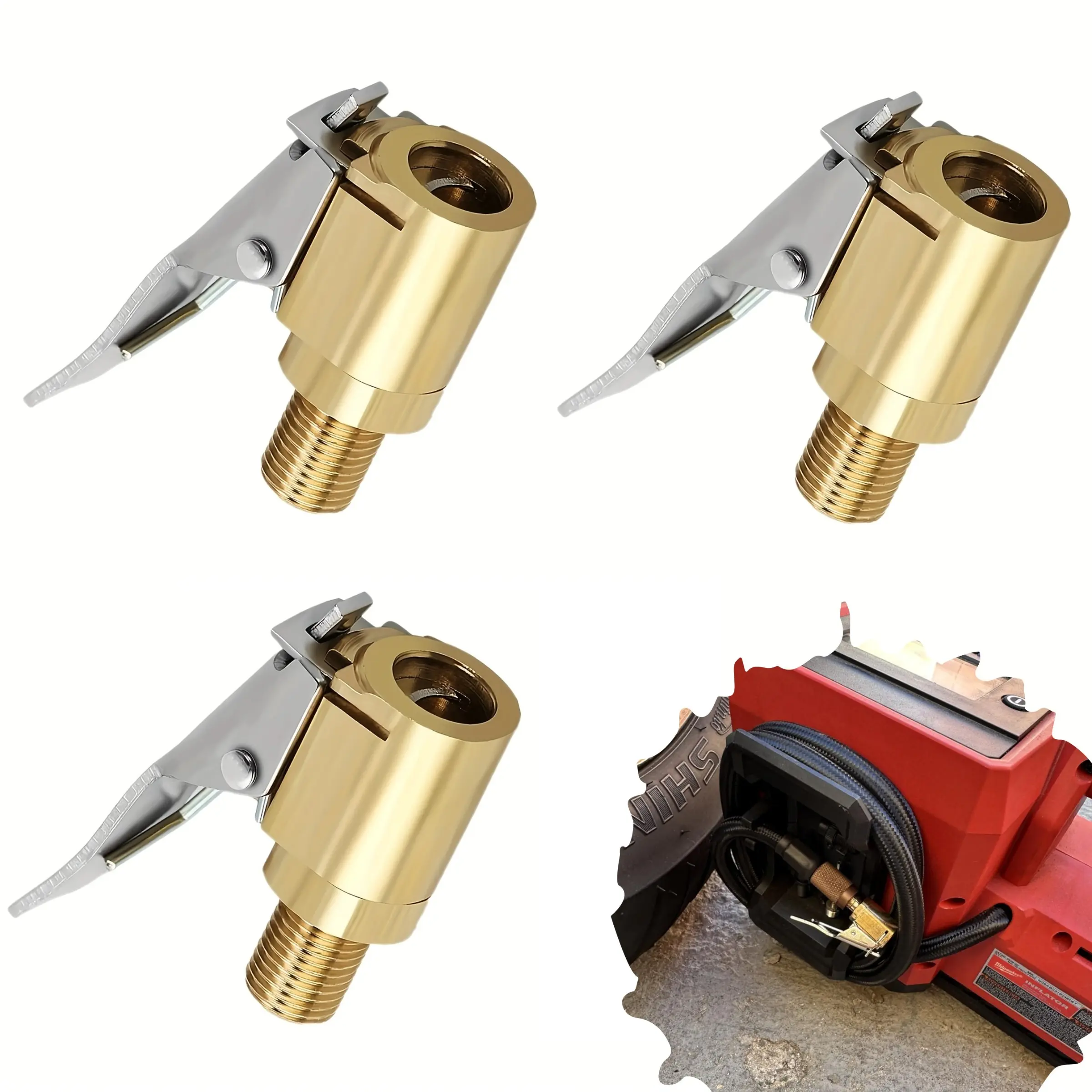 3pcs Locking Tire Air Chuck,Brass Tire Inflation Hose Adapter,Tire Nozzle With Tire Valve Threads,Unscrewed Connection Converted To Locking Connection,No Air Leakage On Chuck Air Compressor Pump Clip, Car Repair Tools, Tire Inflator Nozzle