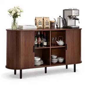 Coffee Bar Cabinet, Mid Century Fluted Coffee Bar Table, Buffet Stand Cabinet With Two Sliding Doors, Sideboard Buffet Station For Living Room, Entryway, Kitchen, Home Bar Storage, 55.1 x 15.7 x 29.5 Inches, Walnut Wood