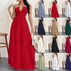 Women's Deep V Neck Tie Knot Backless Halter Dress A Line Flowy Ruffle Maxi Dress