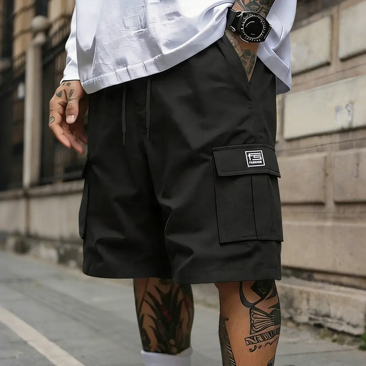 Men’s Casual Cargo Jorts with Hands-Free Multifunctional Pockets, Solid Color, Drawstring Elastic Waistband, Outdoor Ready for Outdoor Sports, Casual Wear, Hands‑Free Pockets